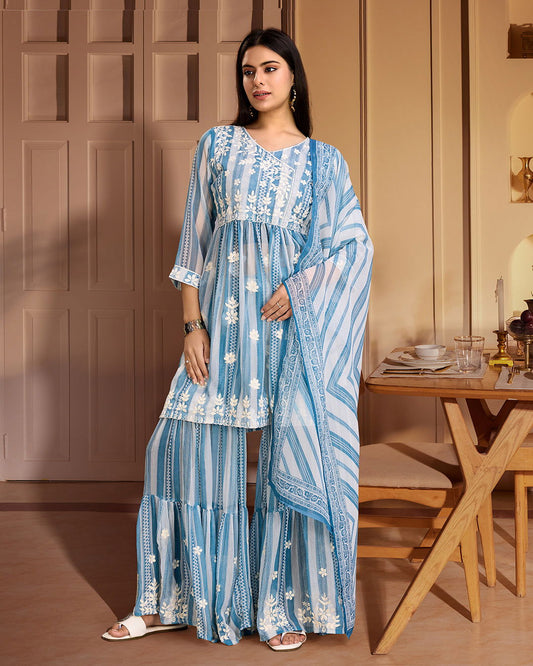 Printed & Embroidered A-Line Kurti With Sharara & Dupatta Set - Buy Best Ethnic Wear for Women & Girls | Daily Woman -