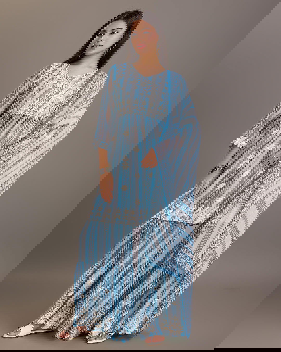 Printed & Embroidered A-Line Kurti With Sharara & Dupatta Set - Buy Best Ethnic Wear for Women & Girls | Daily Woman -