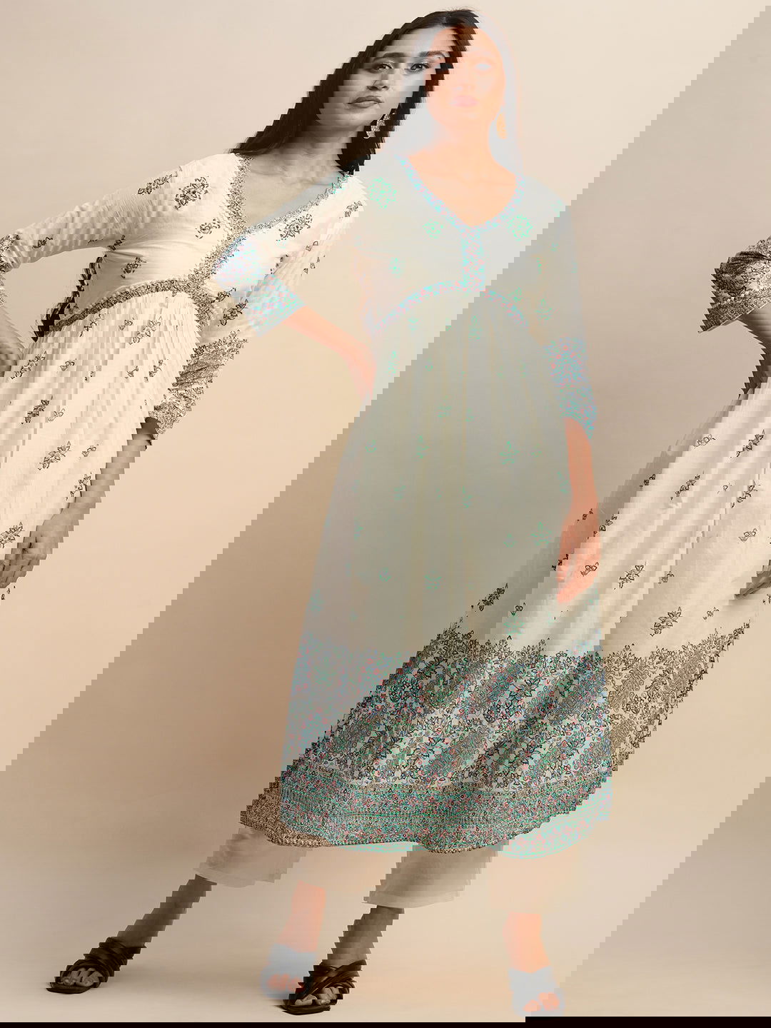 Printed & Embroidered Pure Cotton A-Line Kurta With Trouser & Dupatta Set - Buy Best Ethnic Wear for Women & Girls | Daily Woman -