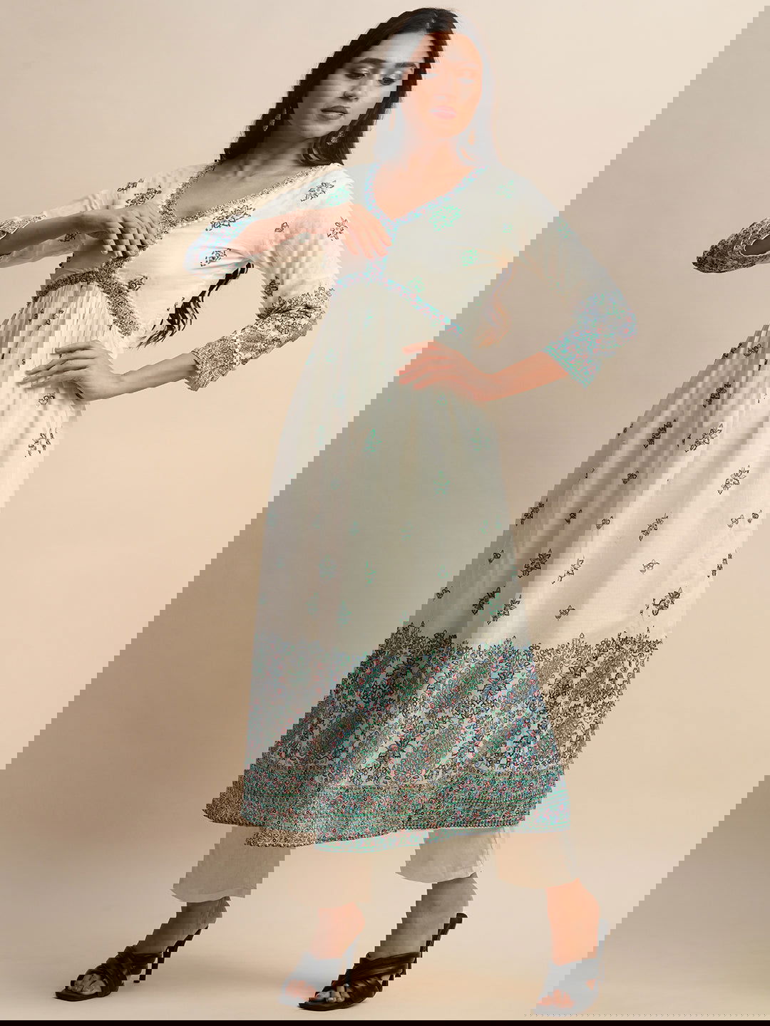 Printed & Embroidered Pure Cotton A-Line Kurta With Trouser & Dupatta Set - Buy Best Ethnic Wear for Women & Girls | Daily Woman -