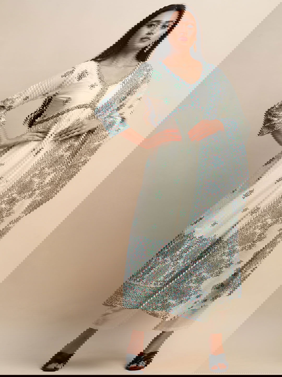 Printed & Embroidered Pure Cotton A-Line Kurta With Trouser & Dupatta Set - Buy Best Ethnic Wear for Women & Girls | Daily Woman -