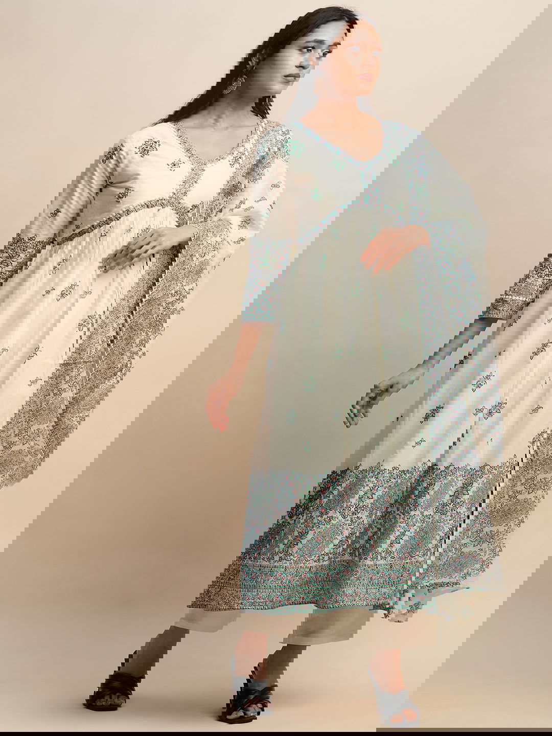 Printed & Embroidered Pure Cotton A-Line Kurta With Trouser & Dupatta Set - Buy Best Ethnic Wear for Women & Girls | Daily Woman -