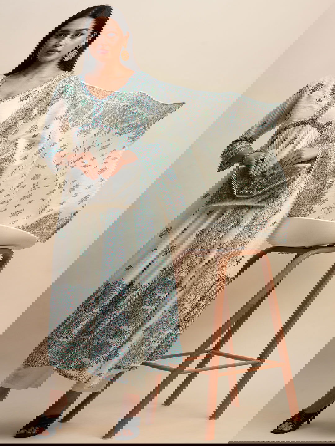 Printed & Embroidered Pure Cotton A-Line Kurta With Trouser & Dupatta Set - Buy Best Ethnic Wear for Women & Girls | Daily Woman -