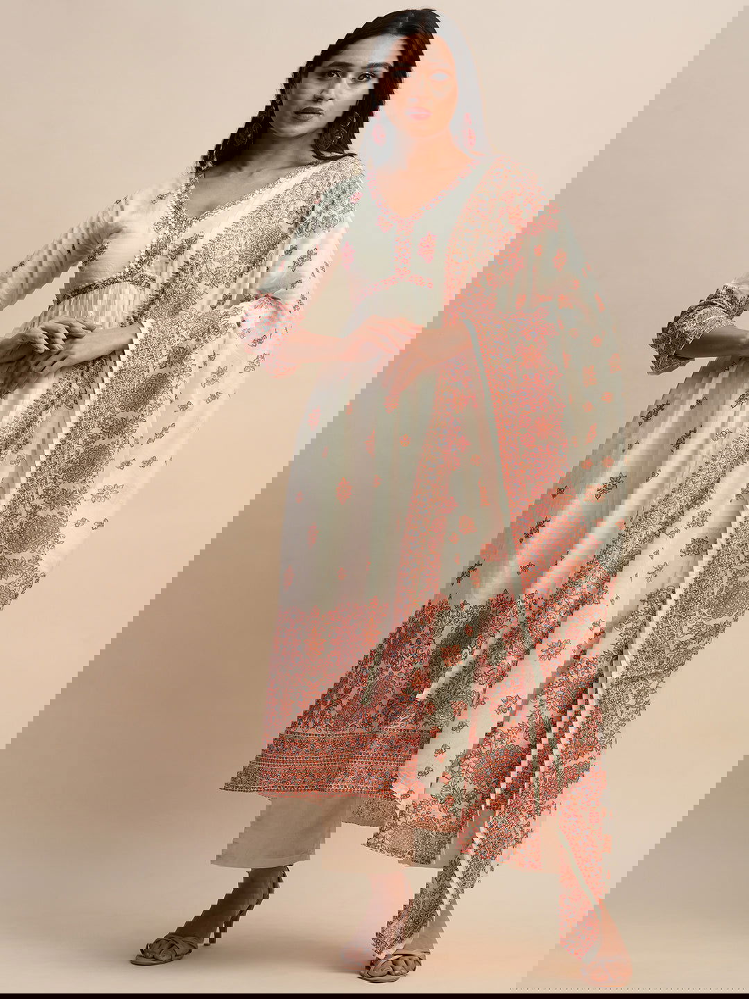 Printed & Embroidered Pure Cotton A-Line Kurta With Trouser & Dupatta Set - Buy Best Ethnic Wear for Women & Girls | Daily Woman -