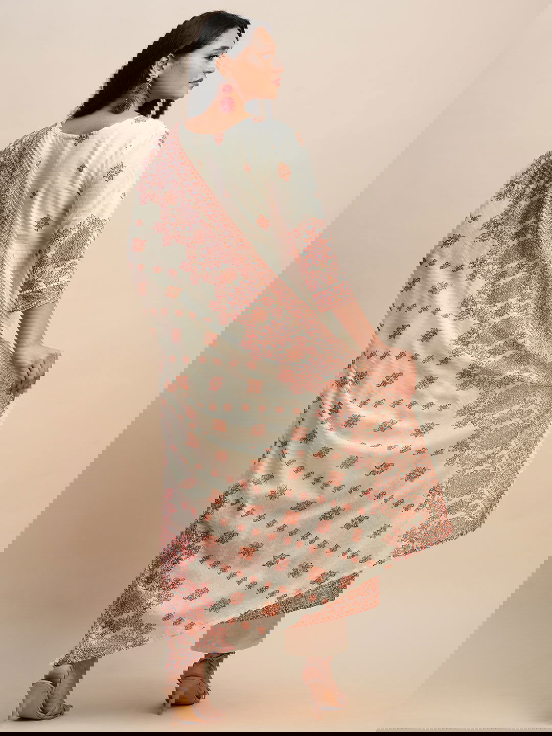 Printed & Embroidered Pure Cotton A-Line Kurta With Trouser & Dupatta Set - Buy Best Ethnic Wear for Women & Girls | Daily Woman -