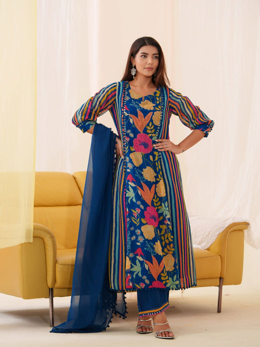 Pure Organza Blue Color  Embroidered Kurta With Trousers & Dupatta - Buy Best Ethnic Wear for Women & Girls | Daily Woman -