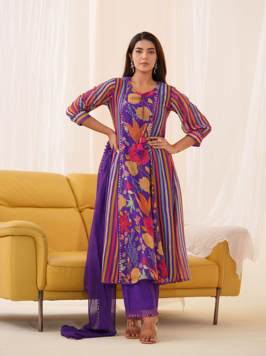 Pure Organza Purple Color Printed Straight Kurta Set - Buy Best Ethnic Wear for Women & Girls | Daily Woman -