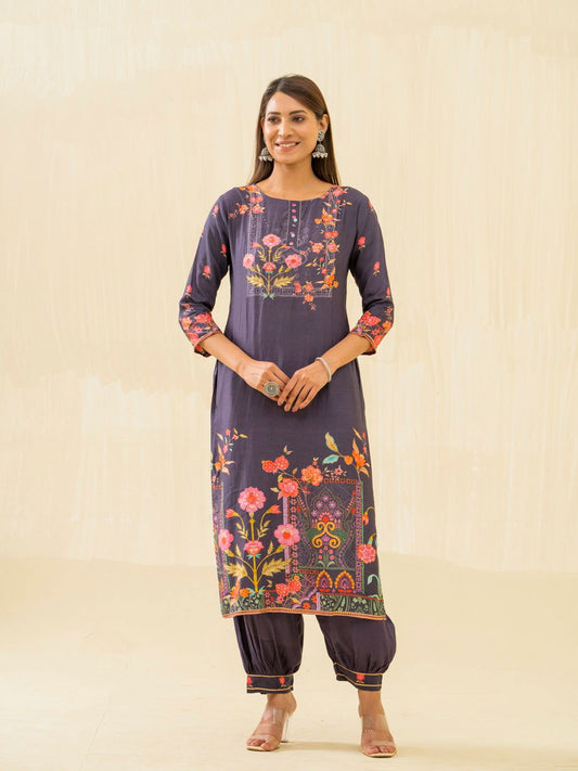 Purple Embroidered Calf Length Festive Kurti and Trousers - Buy Best Ethnic Wear for Women & Girls | Daily Woman -