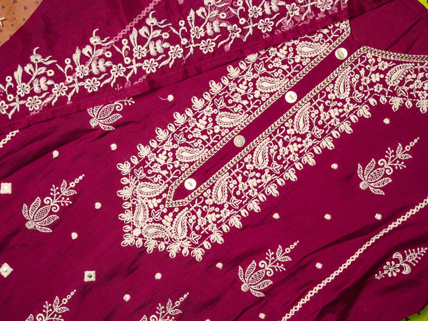 Purple Embroidered Woven Design Straight Kurta and Trousers With Dupatta - Buy Best Ethnic Wear for Women & Girls | Daily Woman -