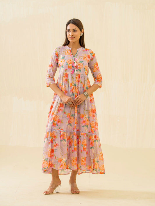 Purple & Orange Ethnic Printed Regular Sleeves Button Floral - Buy Best Ethnic Wear for Women & Girls | Daily Woman -