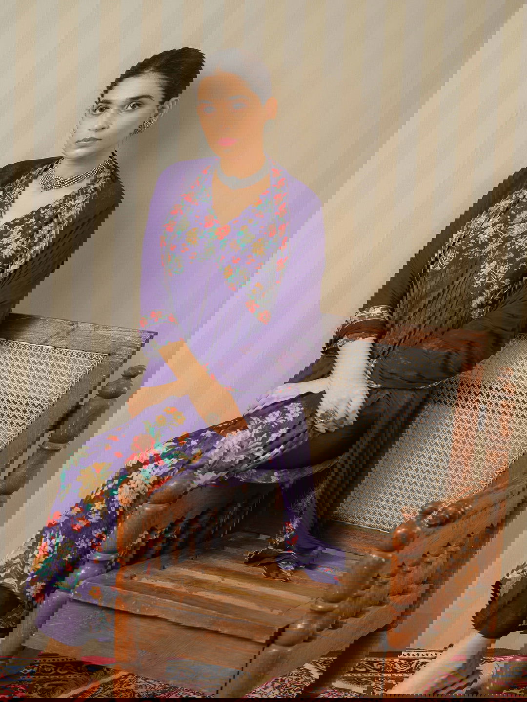 Purple Printed Floral A-Line Kurta and Trousers With Dupatta - Buy Best Ethnic Wear for Women & Girls | Daily Woman -