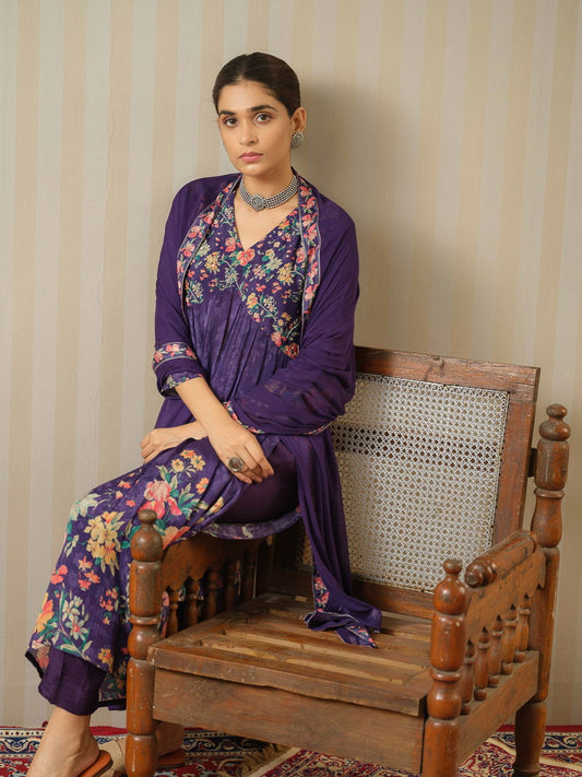 Purple Printed Floral A-Line Kurta and Trousers With Dupatta - Buy Best Ethnic Wear for Women & Girls | Daily Woman -