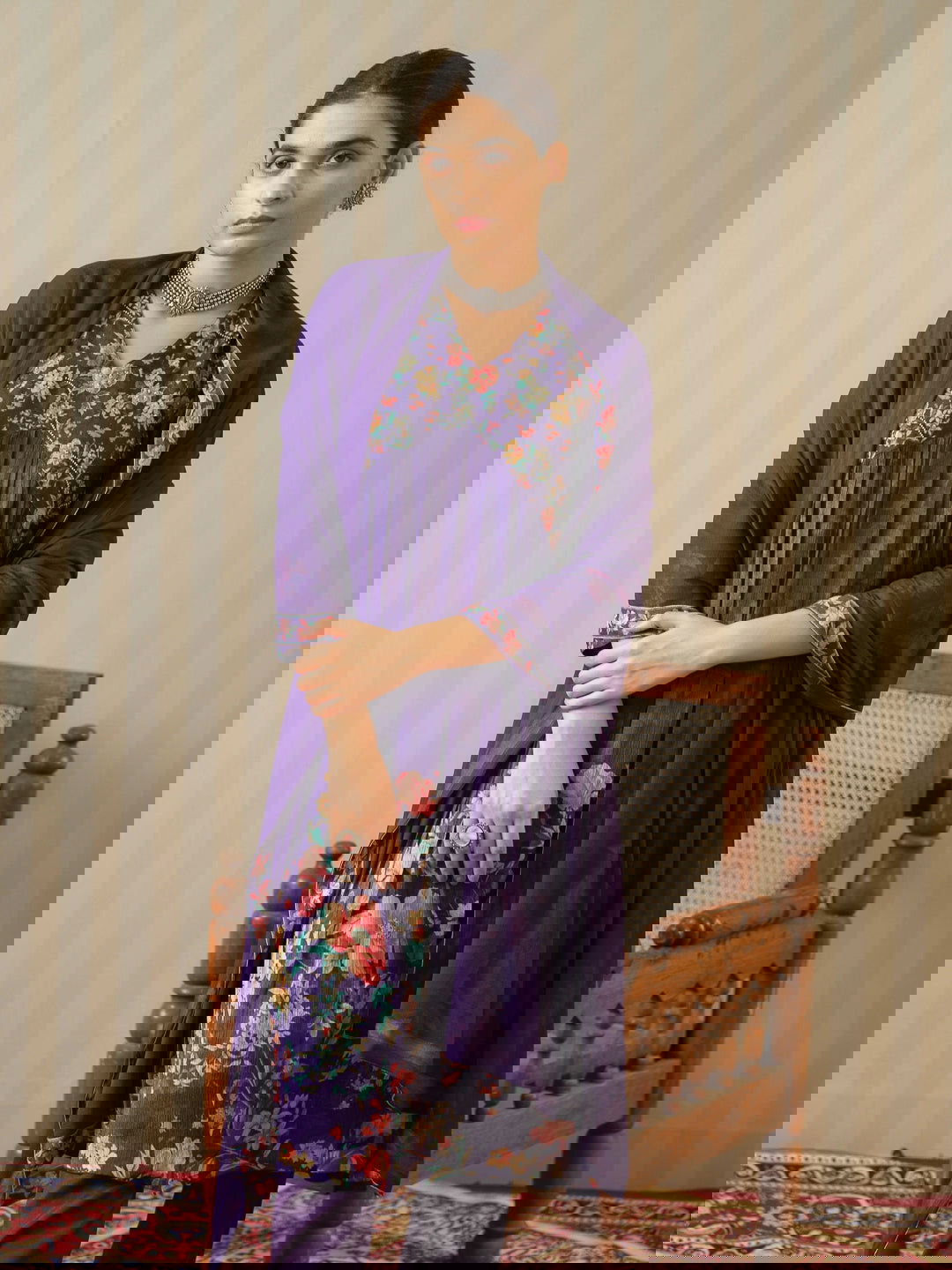 Purple Printed Floral A-Line Kurta and Trousers With Dupatta - Buy Best Ethnic Wear for Women & Girls | Daily Woman -