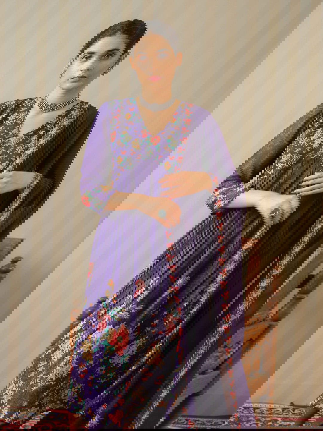 Purple Printed Floral A-Line Kurta and Trousers With Dupatta - Buy Best Ethnic Wear for Women & Girls | Daily Woman -