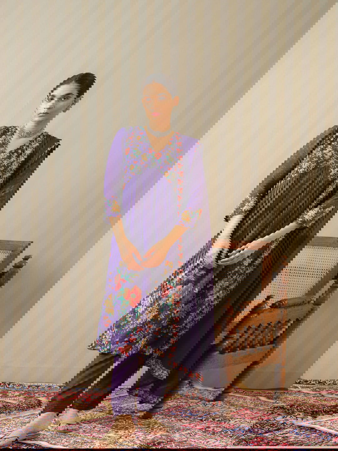 Purple Printed Floral A-Line Kurta and Trousers With Dupatta - Buy Best Ethnic Wear for Women & Girls | Daily Woman -