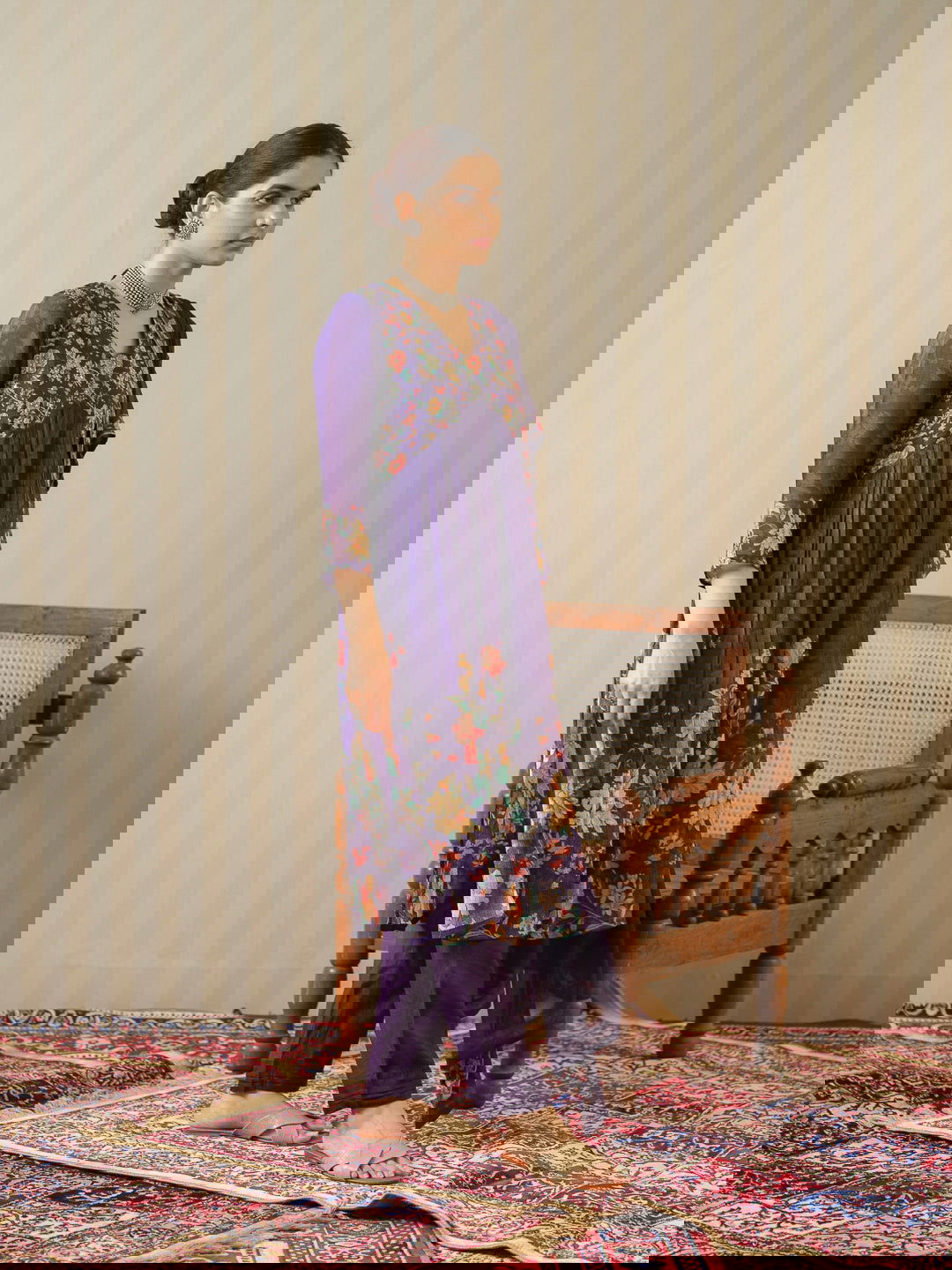 Purple Printed Floral A-Line Kurta and Trousers With Dupatta - Buy Best Ethnic Wear for Women & Girls | Daily Woman -