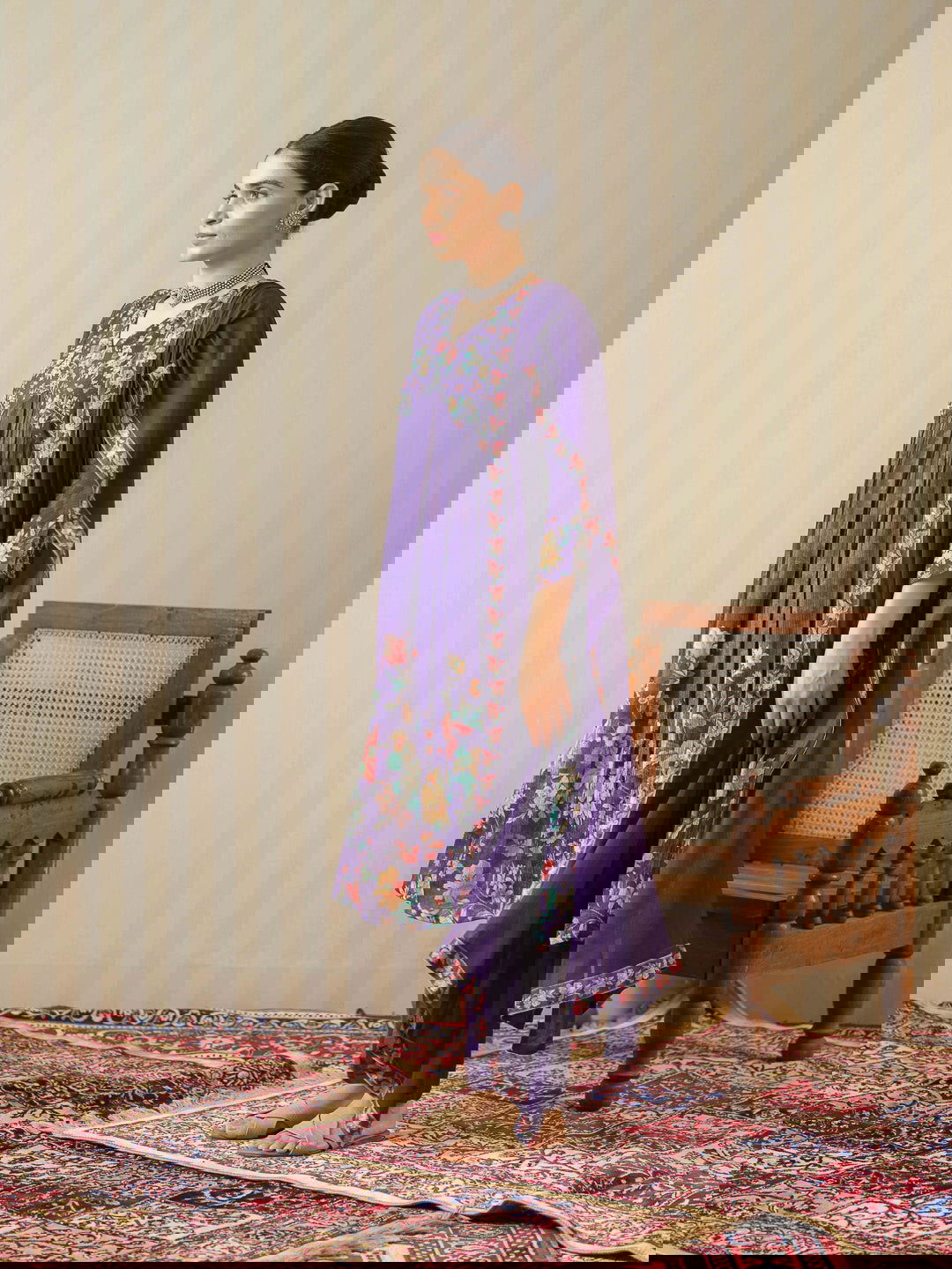 Purple Printed Floral A-Line Kurta and Trousers With Dupatta - Buy Best Ethnic Wear for Women & Girls | Daily Woman -