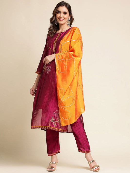 Purple Woven Design Embroidered Straight Kurta and Trousers With Dupatta - Buy Best Ethnic Wear for Women & Girls | Daily Woman -