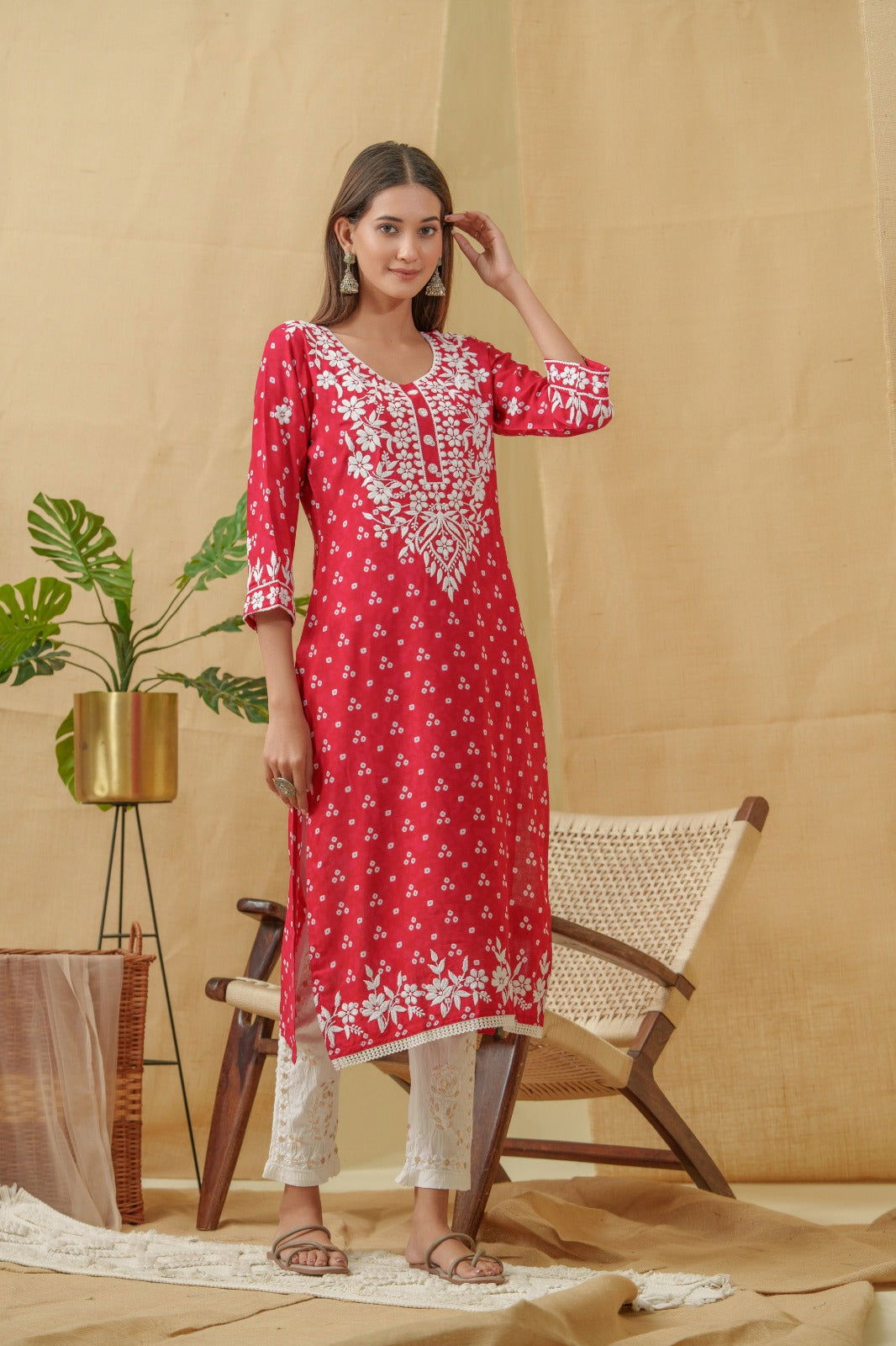 Rani Bandhani Printed Thread Work Straight Kurta - Buy Best Ethnic Wear for Women & Girls | Daily Woman -