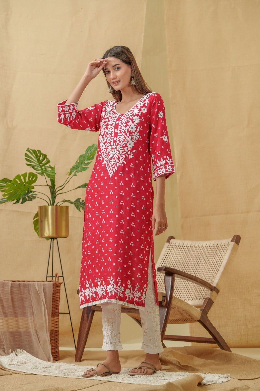 Rani Bandhani Printed Thread Work Straight Kurta - Buy Best Ethnic Wear for Women & Girls | Daily Woman -