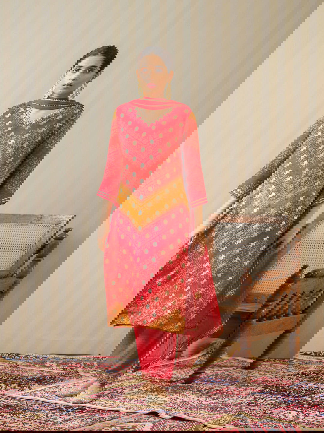 Red Bandhani Printed Thread Work Kurta With Trouser & Dupatta - Buy Best Ethnic Wear for Women & Girls | Daily Woman -