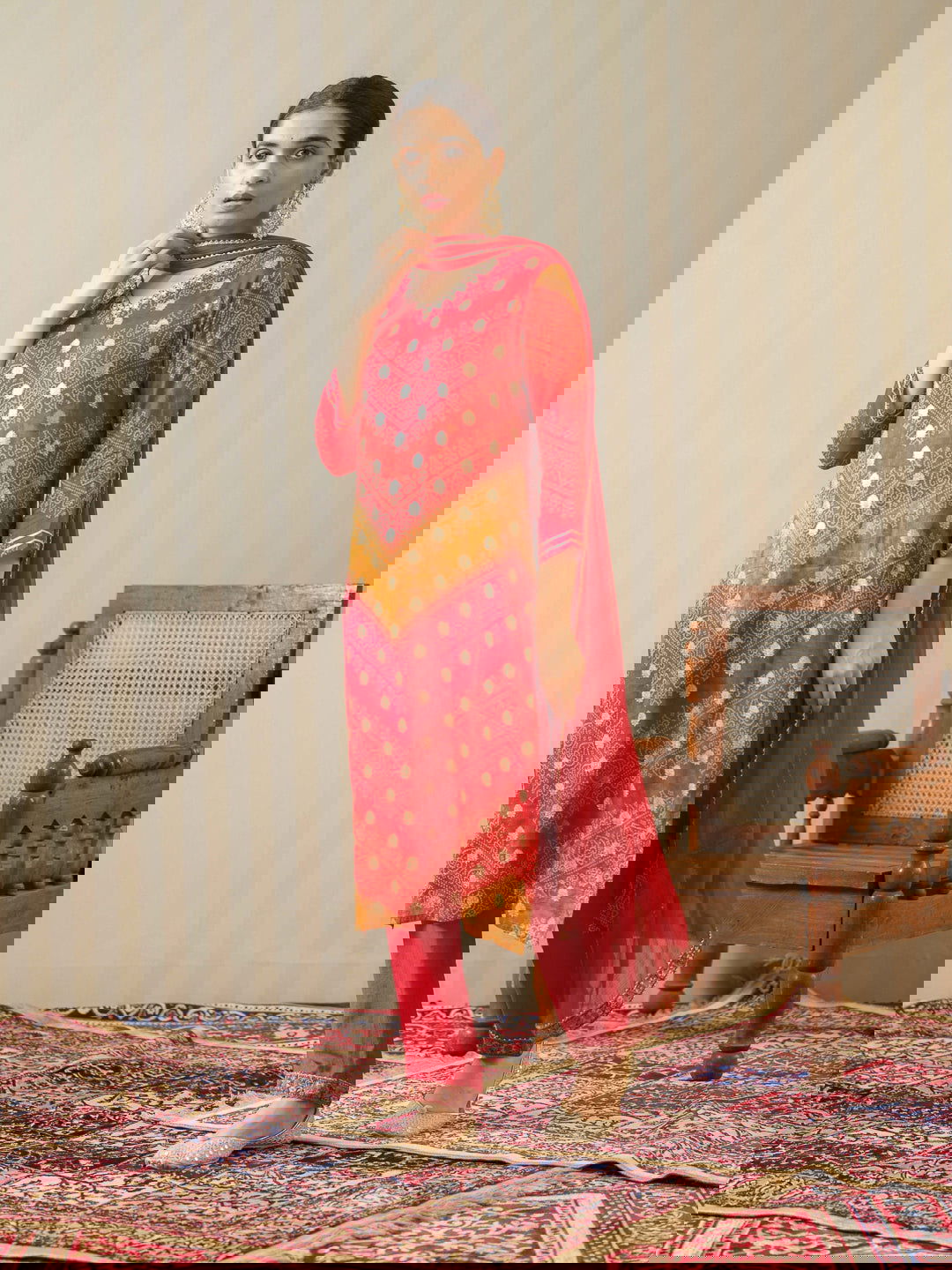 Red Bandhani Printed Thread Work Kurta With Trouser & Dupatta - Buy Best Ethnic Wear for Women & Girls | Daily Woman -