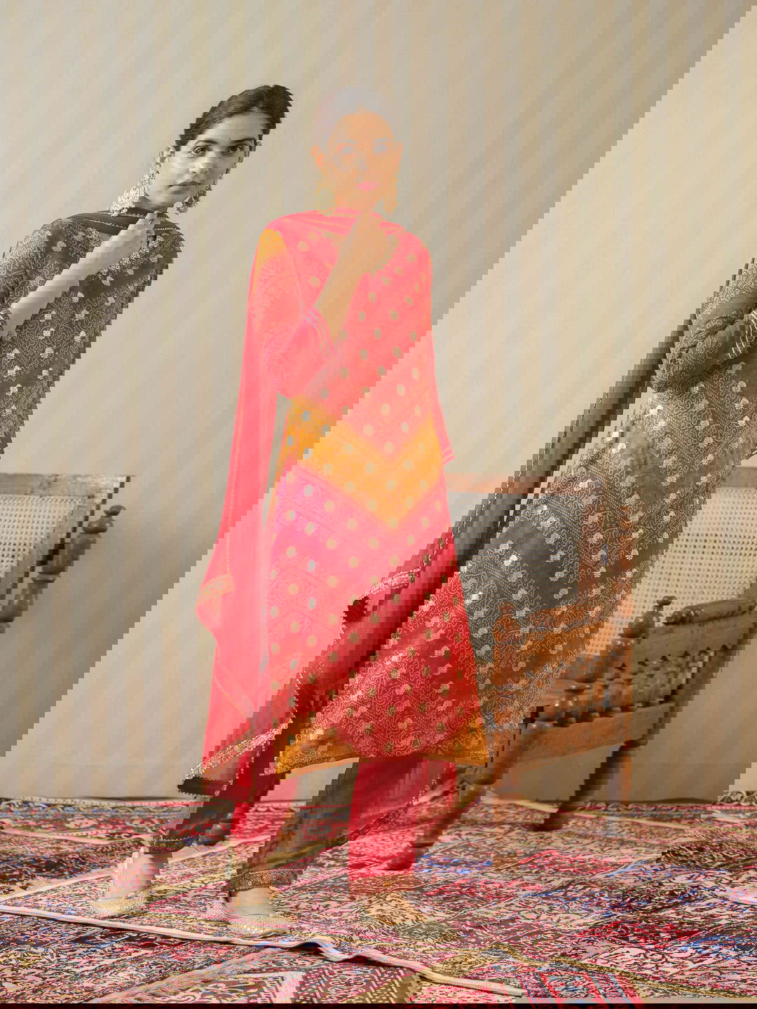 Red Bandhani Printed Thread Work Kurta With Trouser & Dupatta - Buy Best Ethnic Wear for Women & Girls | Daily Woman -