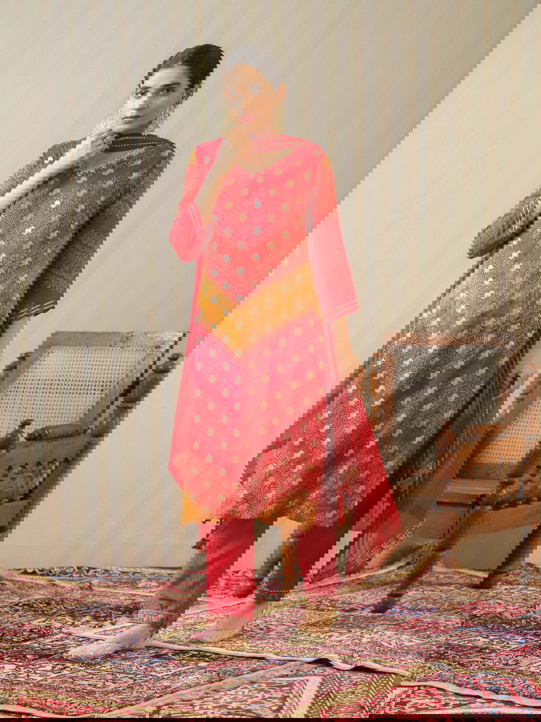 Red Bandhani Printed Thread Work Kurta With Trouser & Dupatta - Buy Best Ethnic Wear for Women & Girls | Daily Woman -