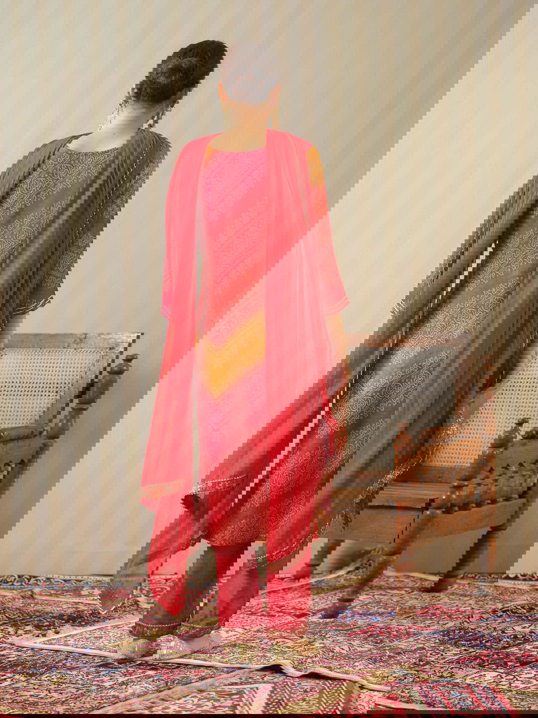 Red Bandhani Printed Thread Work Kurta With Trouser & Dupatta - Buy Best Ethnic Wear for Women & Girls | Daily Woman -