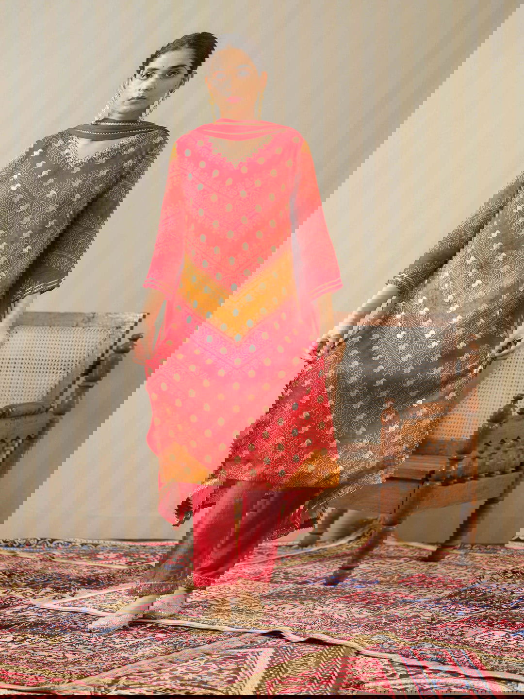 Red Bandhani Printed Thread Work Kurta With Trouser & Dupatta - Buy Best Ethnic Wear for Women & Girls | Daily Woman -