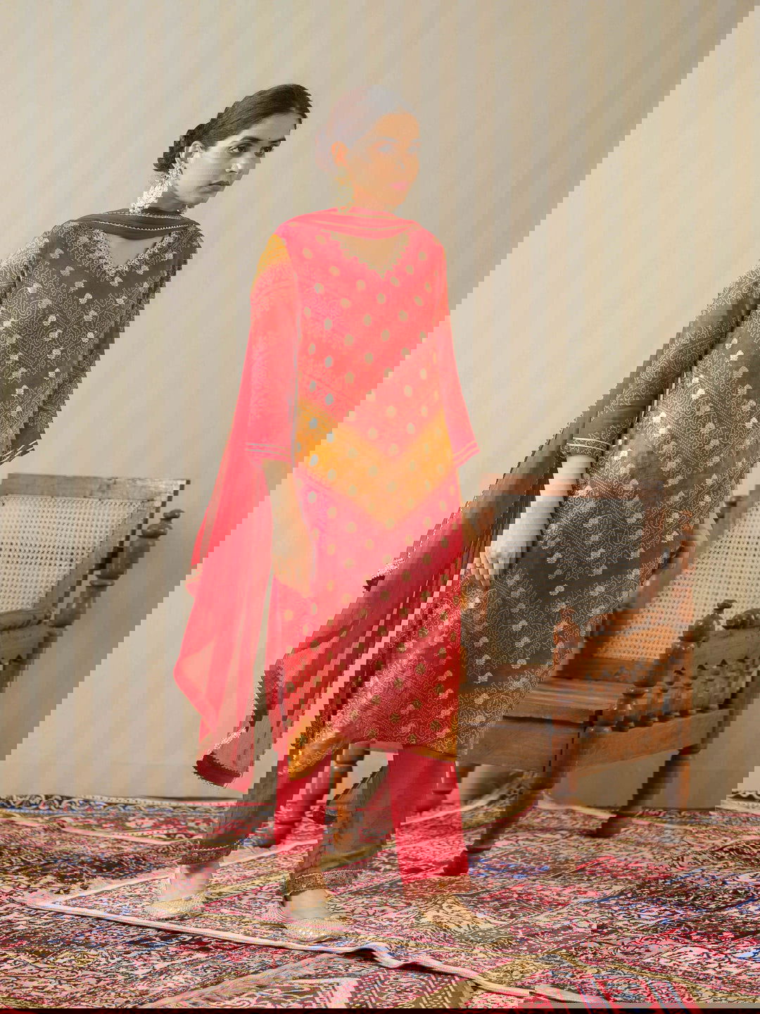 Red Bandhani Printed Thread Work Kurta With Trouser & Dupatta - Buy Best Ethnic Wear for Women & Girls | Daily Woman -