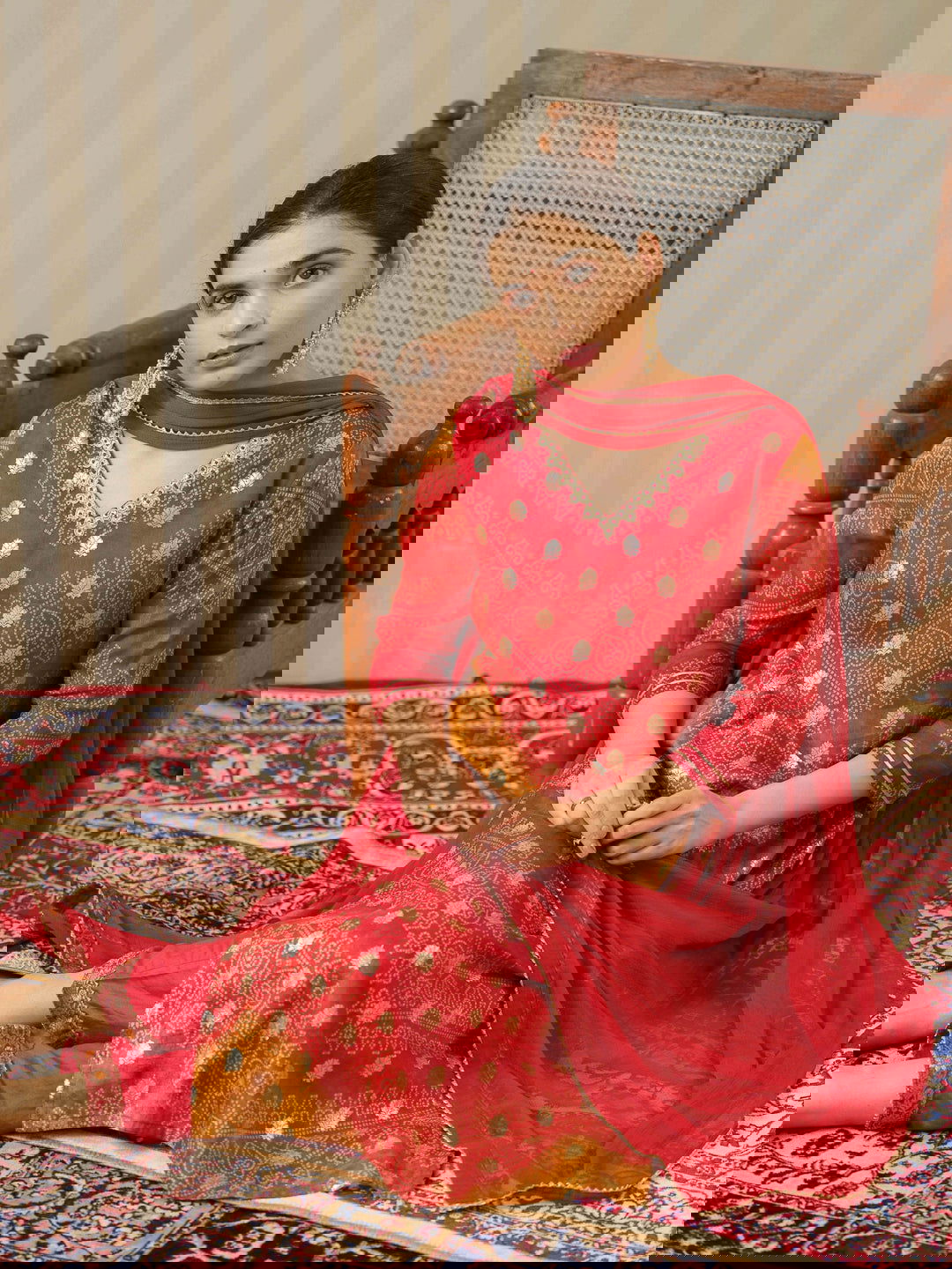 Red Bandhani Printed Thread Work Kurta With Trouser & Dupatta - Buy Best Ethnic Wear for Women & Girls | Daily Woman -