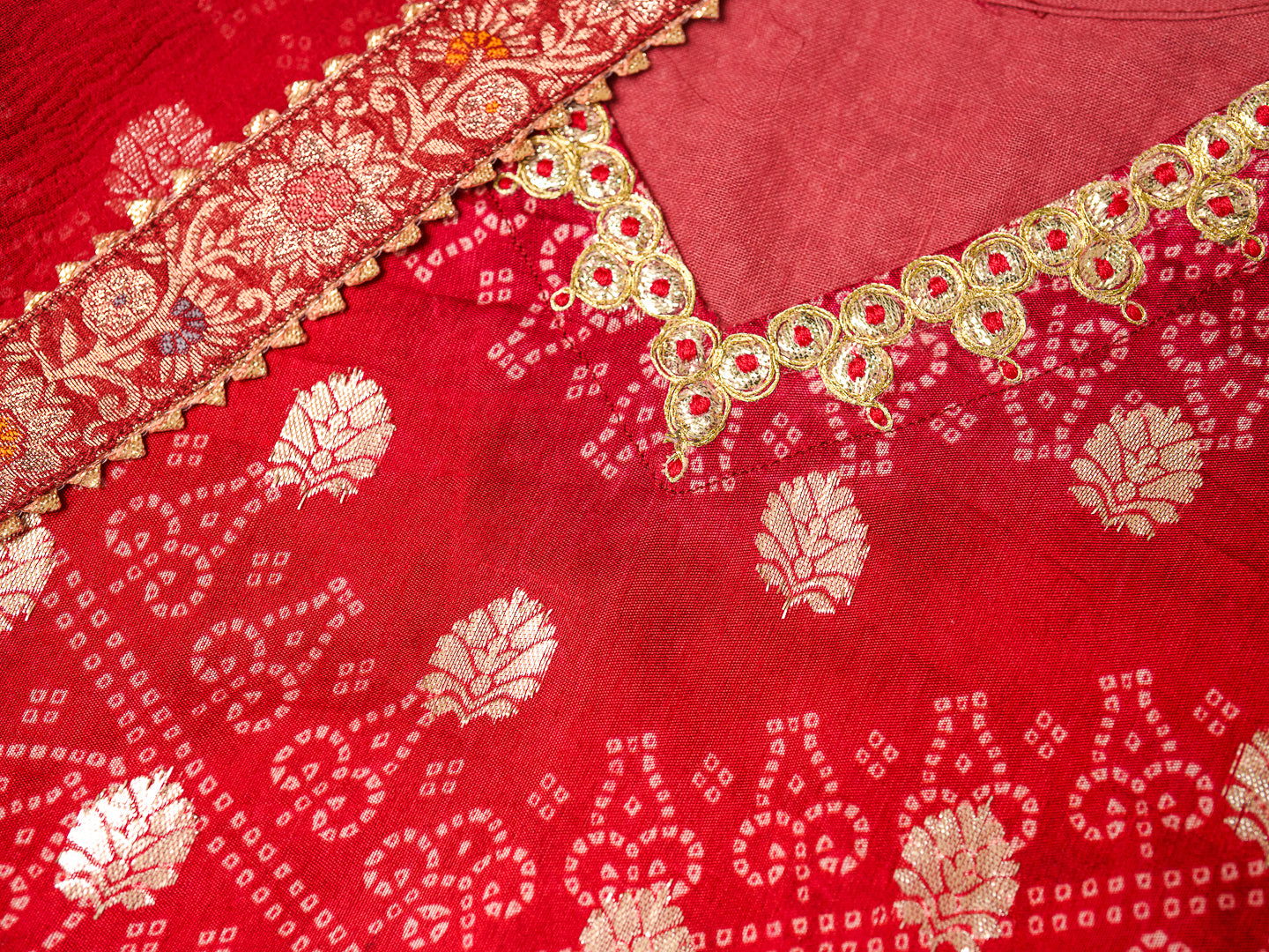 Red Bandhani Printed Thread Work Kurta With Trouser & Dupatta - Buy Best Ethnic Wear for Women & Girls | Daily Woman -