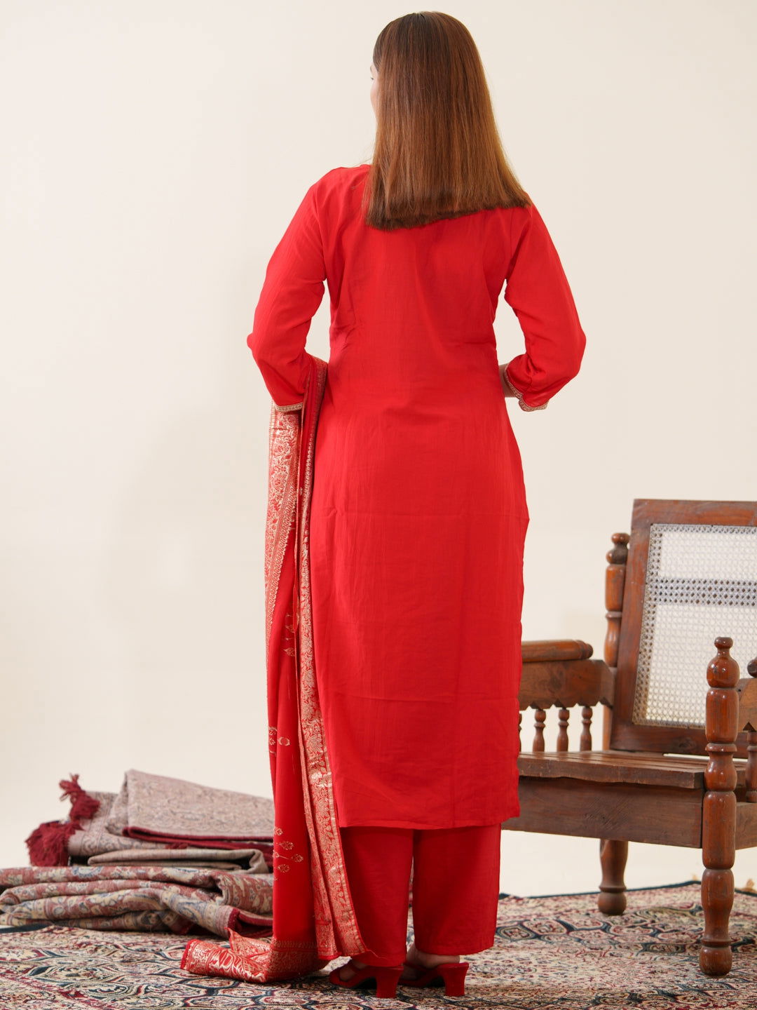Red Color Poly Chinon Ethnic Motifs Woven Design Zari Regular Kurta with Trousers & Banarasi Dupatta - Buy Best Ethnic Wear for Women & Girls | Daily Woman -