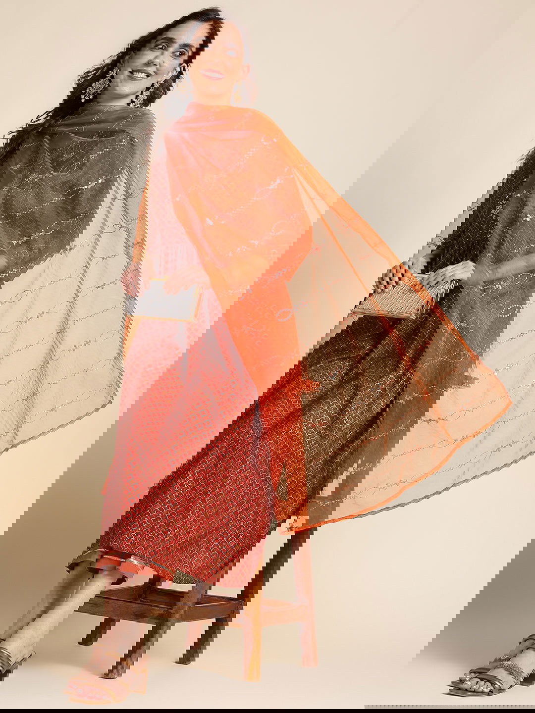 Red Ethnic Motif Printed Mirror Work Chanderi Cotton Kurta With Trouser & Dupatta - Buy Best Ethnic Wear for Women & Girls | Daily Woman -