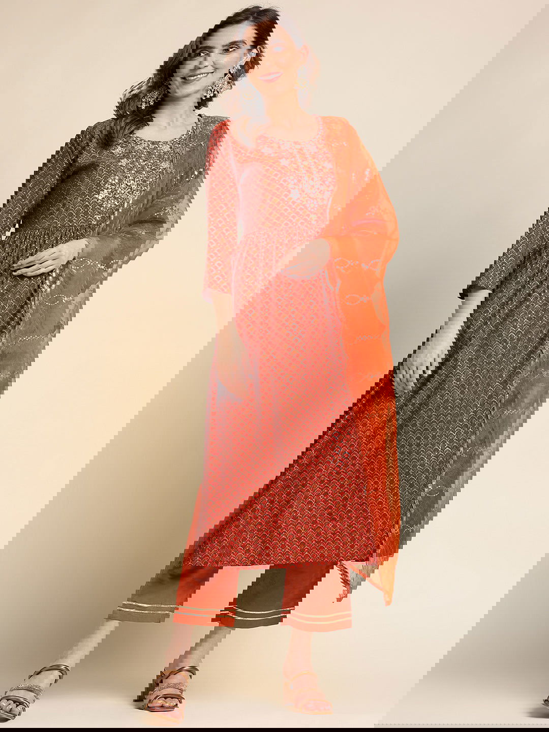 Red Ethnic Motif Printed Mirror Work Chanderi Cotton Kurta With Trouser & Dupatta - Buy Best Ethnic Wear for Women & Girls | Daily Woman -