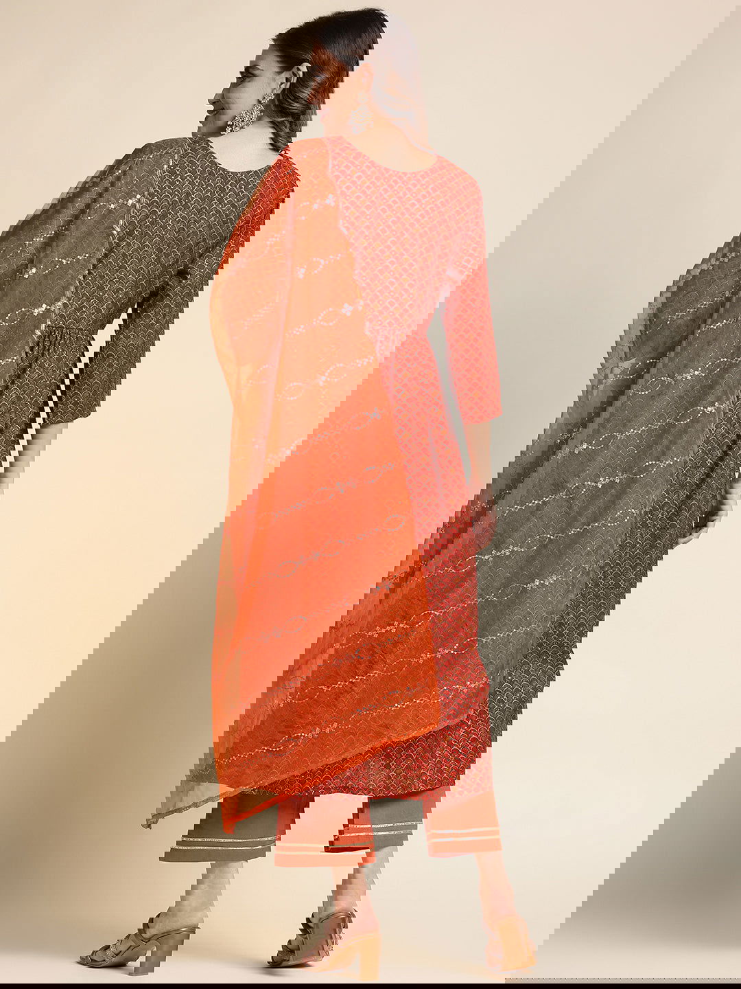 Red Ethnic Motif Printed Mirror Work Chanderi Cotton Kurta With Trouser & Dupatta - Buy Best Ethnic Wear for Women & Girls | Daily Woman -