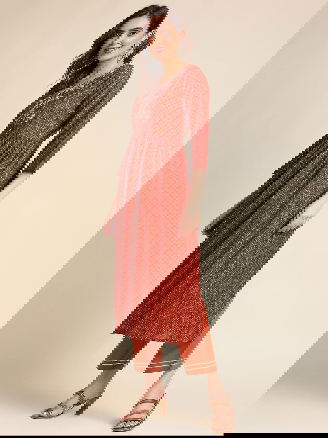 Red Ethnic Motif Printed Mirror Work Chanderi Cotton Kurta With Trouser & Dupatta - Buy Best Ethnic Wear for Women & Girls | Daily Woman -