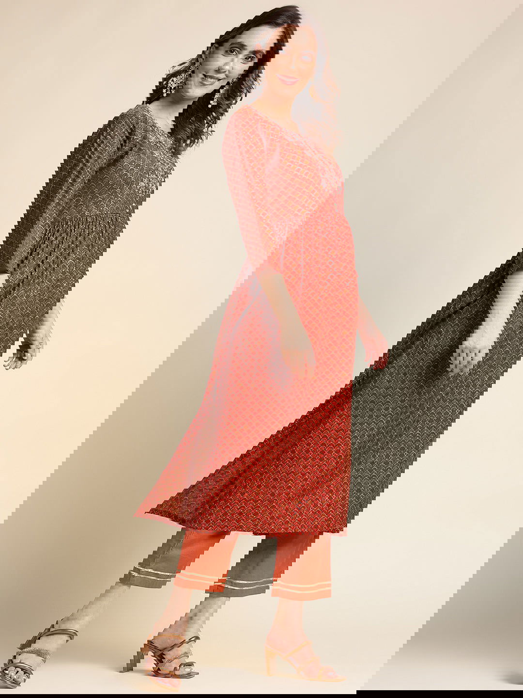 Red Ethnic Motif Printed Mirror Work Chanderi Cotton Kurta With Trouser & Dupatta - Buy Best Ethnic Wear for Women & Girls | Daily Woman -