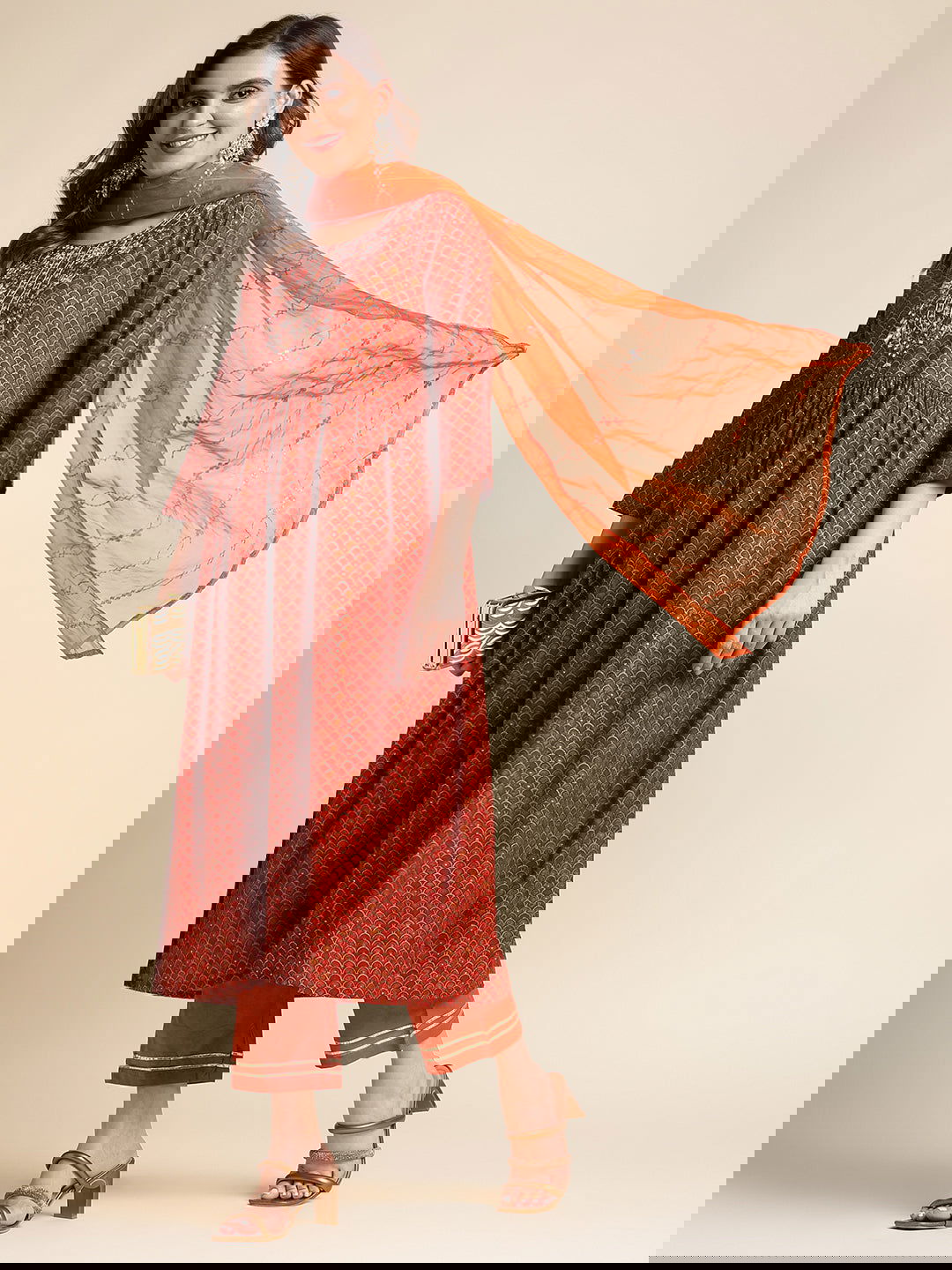 Red Ethnic Motif Printed Mirror Work Chanderi Cotton Kurta With Trouser & Dupatta - Buy Best Ethnic Wear for Women & Girls | Daily Woman -