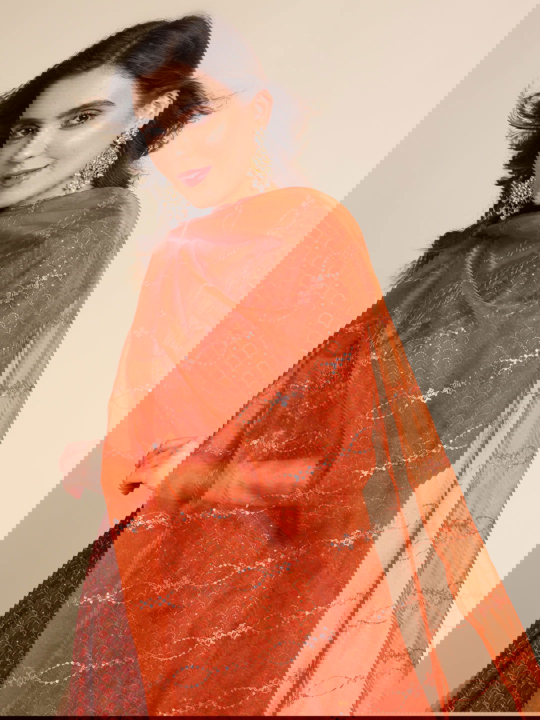 Red Ethnic Motif Printed Mirror Work Chanderi Cotton Kurta With Trouser & Dupatta - Buy Best Ethnic Wear for Women & Girls | Daily Woman -