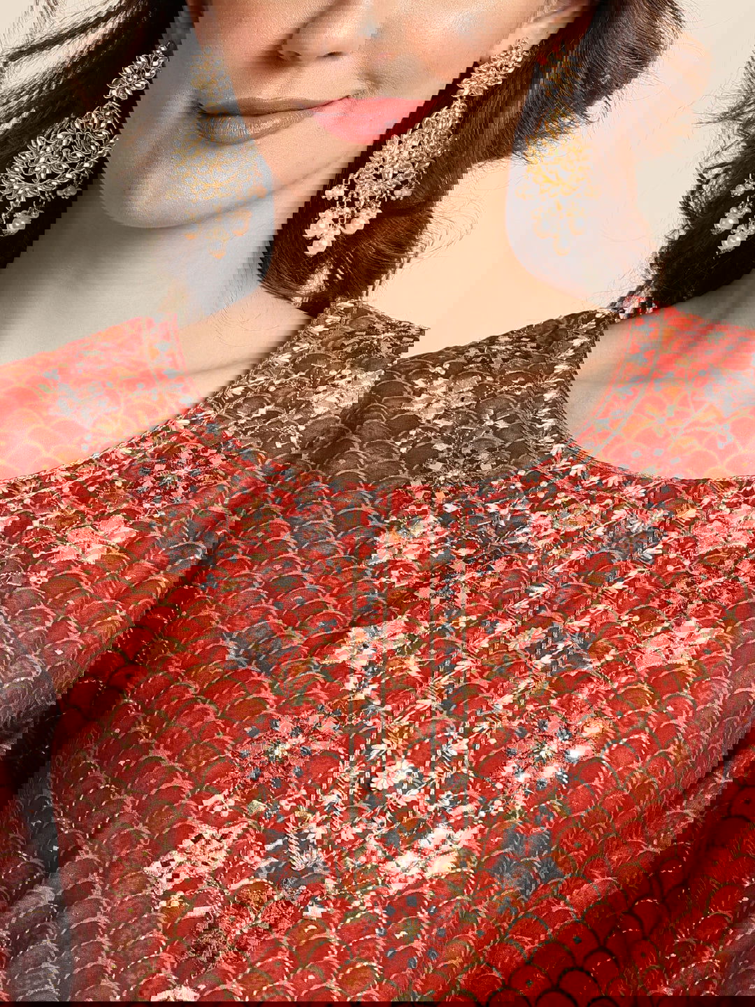 Red Ethnic Motif Printed Mirror Work Chanderi Cotton Kurta With Trouser & Dupatta - Buy Best Ethnic Wear for Women & Girls | Daily Woman -