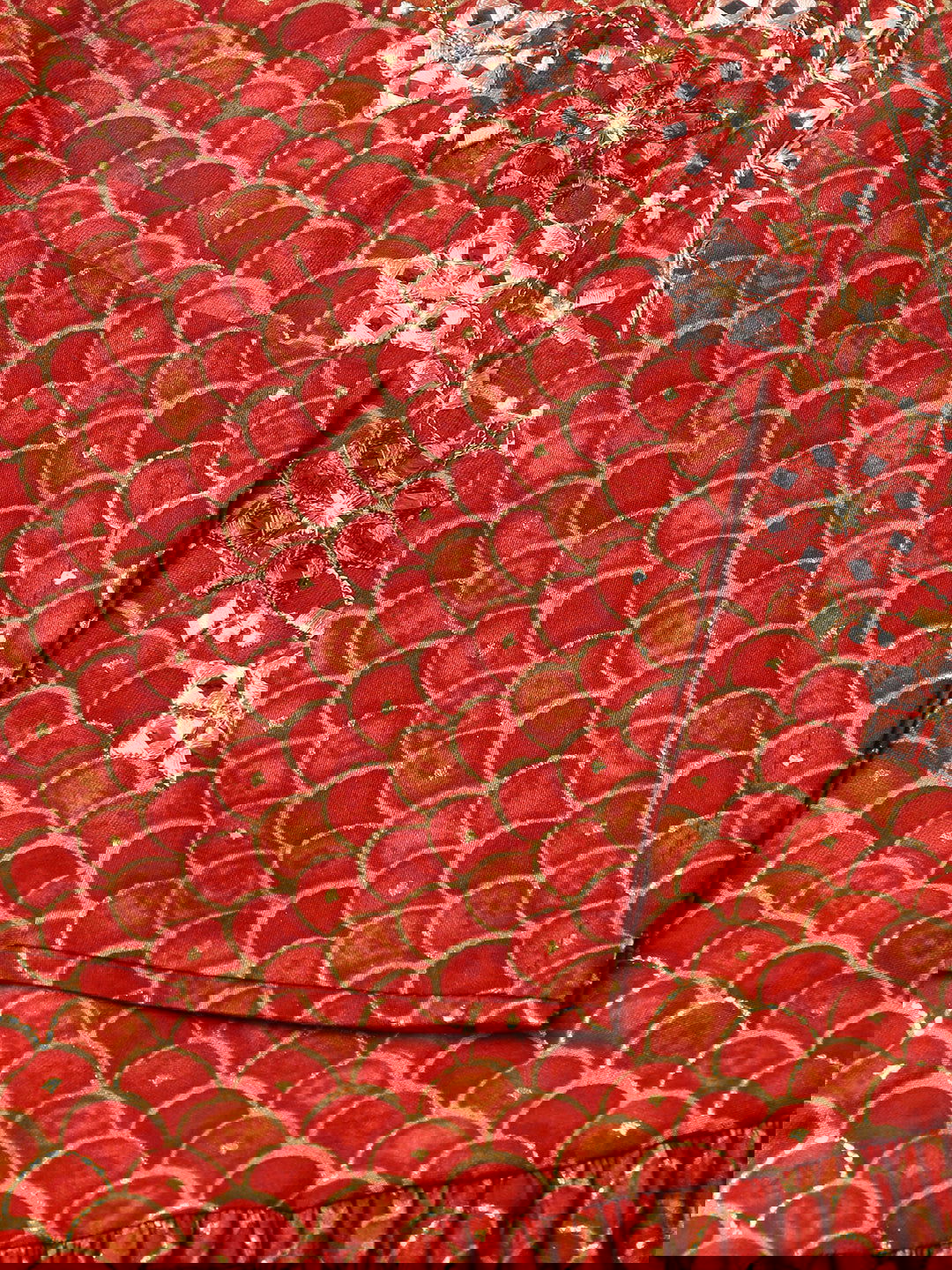 Red Ethnic Motif Printed Mirror Work Chanderi Cotton Kurta With Trouser & Dupatta - Buy Best Ethnic Wear for Women & Girls | Daily Woman -