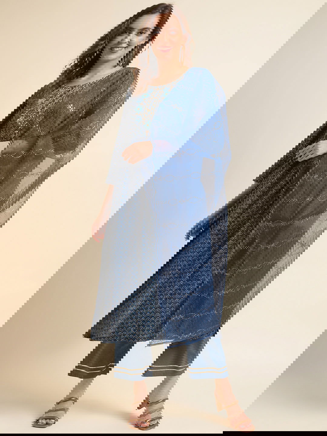 Red Ethnic Motif Printed Mirror Work Chanderi Cotton Kurta With Trouser & Dupatta - Buy Best Ethnic Wear for Women & Girls | Daily Woman -