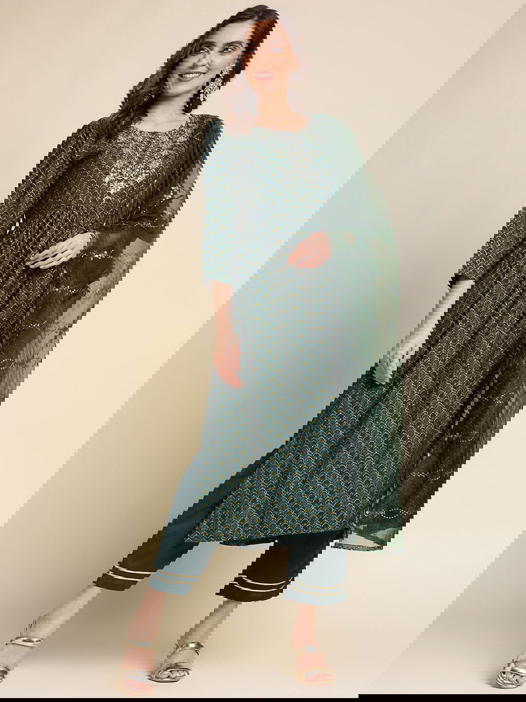 Red Ethnic Motif Printed Mirror Work Chanderi Cotton Kurta With Trouser & Dupatta - Buy Best Ethnic Wear for Women & Girls | Daily Woman -