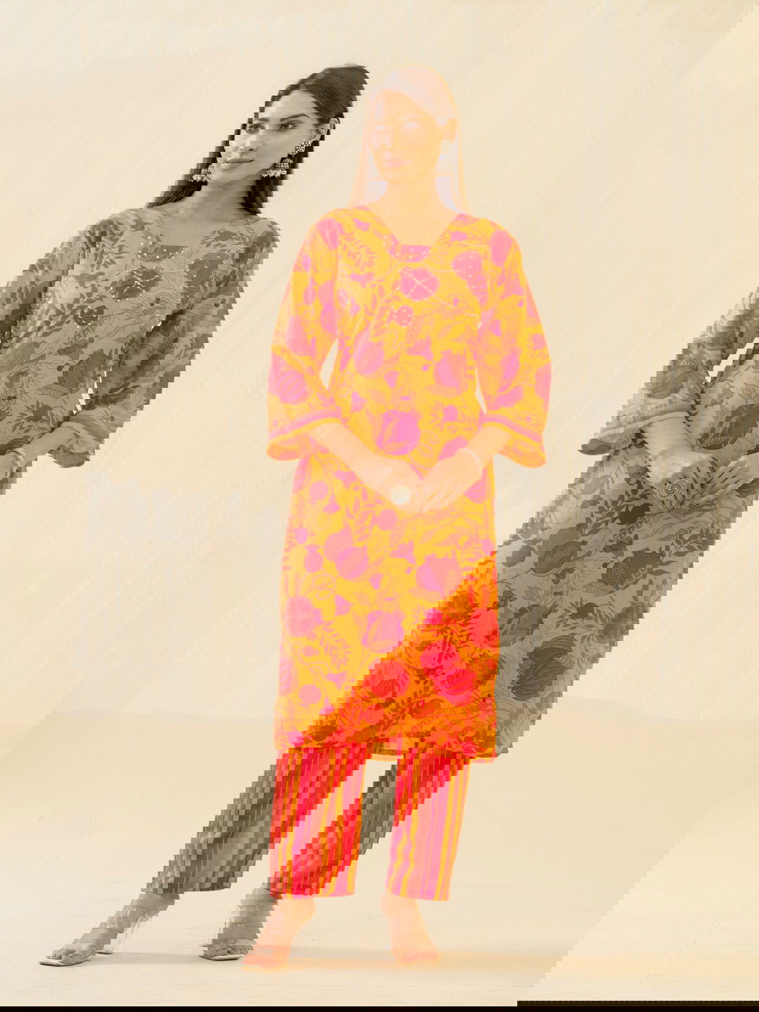 Red Yellow Floral Printed Sequinned Square Neck Flared Sleeves Kurta With Trousers - Buy Best Ethnic Wear for Women & Girls | Daily Woman -