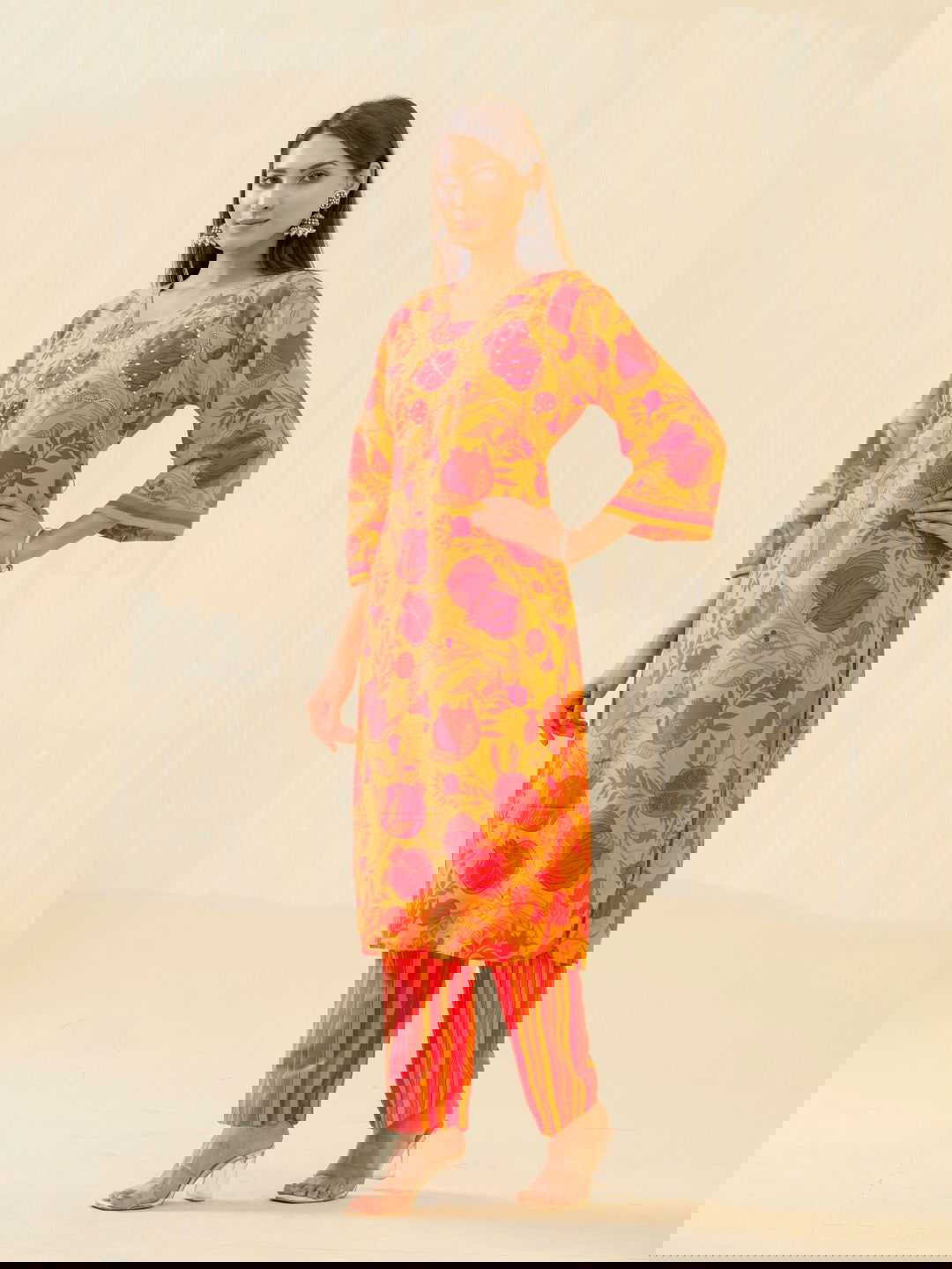 Red Yellow Floral Printed Sequinned Square Neck Flared Sleeves Kurta With Trousers - Buy Best Ethnic Wear for Women & Girls | Daily Woman -