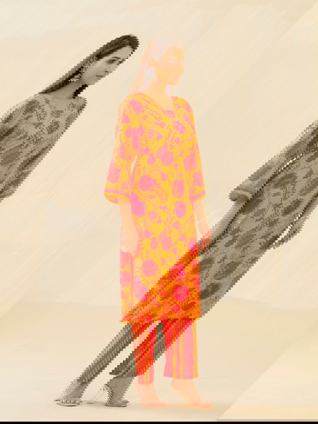 Red Yellow Floral Printed Sequinned Square Neck Flared Sleeves Kurta With Trousers - Buy Best Ethnic Wear for Women & Girls | Daily Woman -