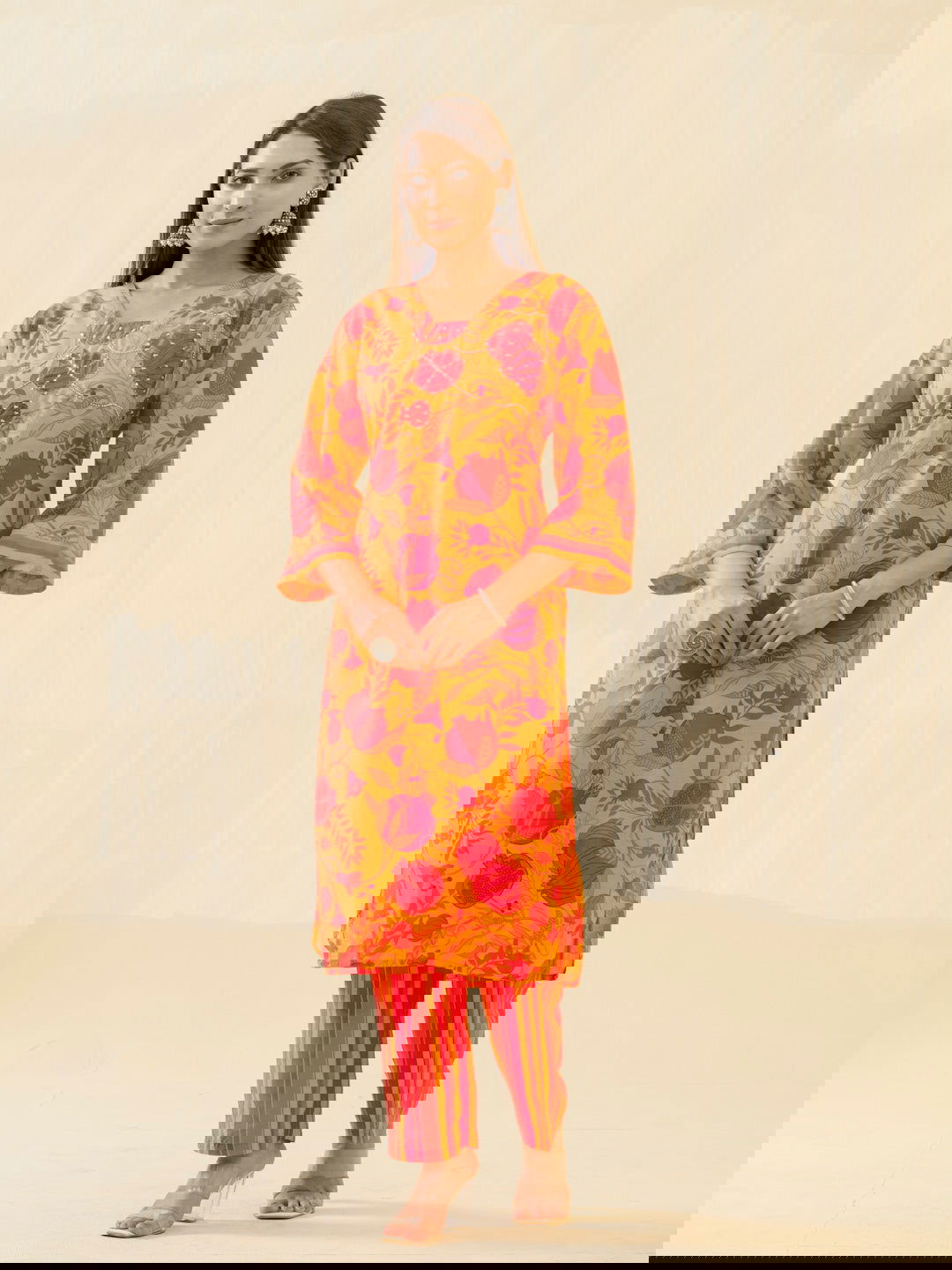 Red Yellow Floral Printed Sequinned Square Neck Flared Sleeves Kurta With Trousers - Buy Best Ethnic Wear for Women & Girls | Daily Woman -