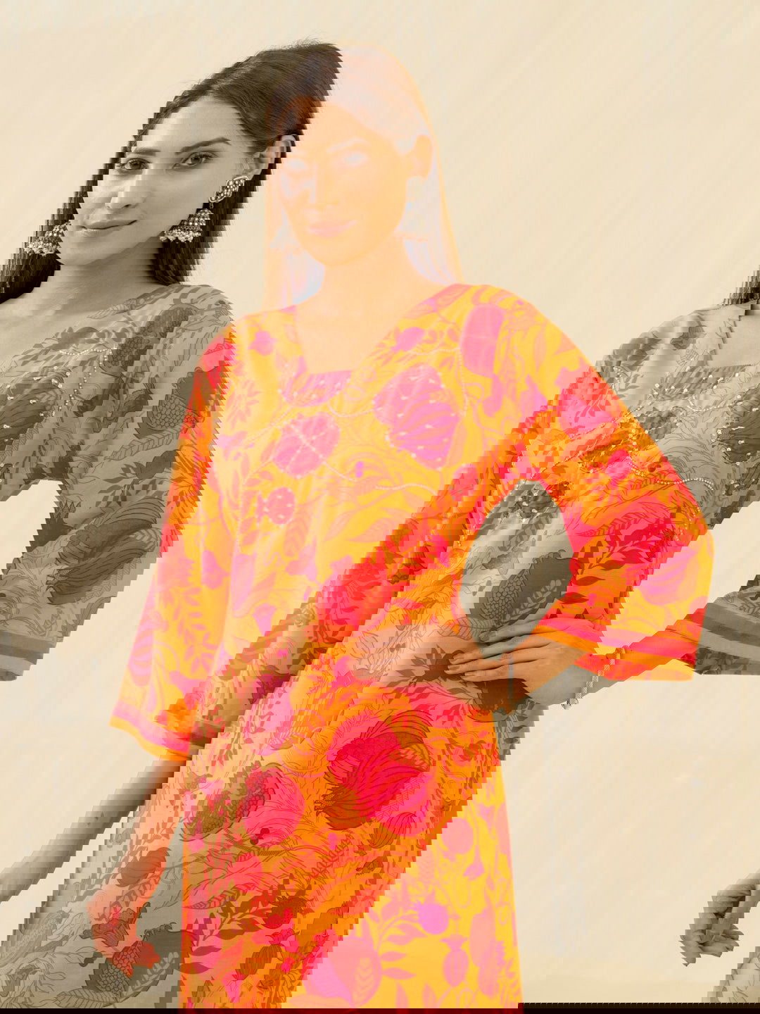 Red Yellow Floral Printed Sequinned Square Neck Flared Sleeves Kurta With Trousers - Buy Best Ethnic Wear for Women & Girls | Daily Woman -